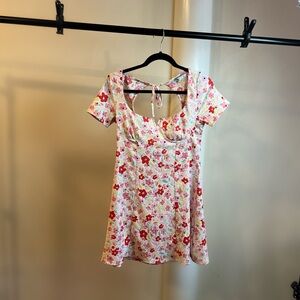 Stradivarius White and Pink Ruched Ruffled Mini Sundress